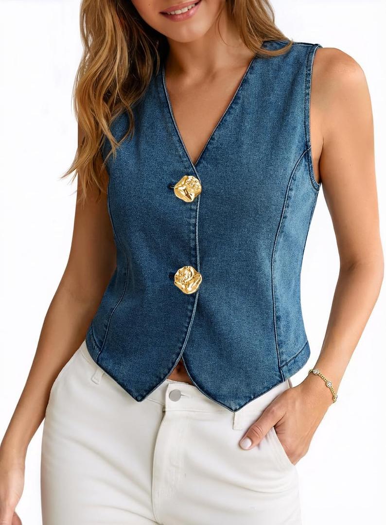 Tankaneo Womens Button Down Denim Vests Tops Trendy Summer Casual V Neck Cropped Jean Tank Tops Sleeveless Shirts (Medium, Blue)