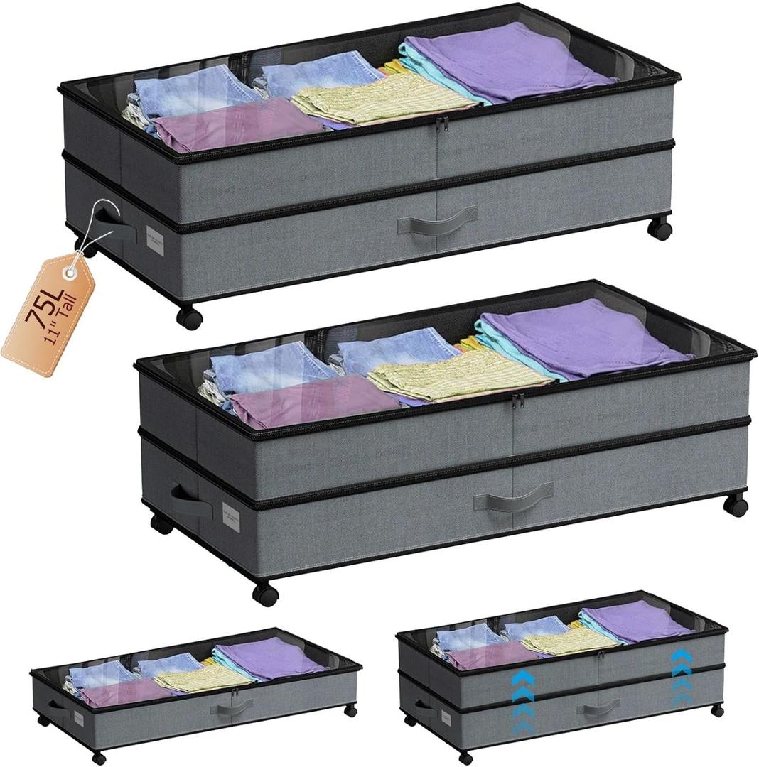 Under Bed Storage with Wheels, 2 Pack 75L Underbed Large Storage Bins with Lid, Adjustable Rolling Storage Containers for Clothes, Shoes, Blankets (Grey)