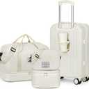 Luggage Sets for Women Men 4 Piece - Carry on Hardside Suitcase 20inch with USB Port, 360 Spinner Wheels, Duffel Bag, Cup Holder, Lightweight Luggage Set for Travel Vacation (Off WhiteB)