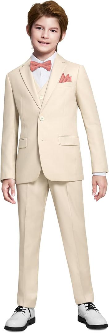 Marvelous World Boys' Formal Slim Fit Suit Set, Adjustable Waist (16, Beige)