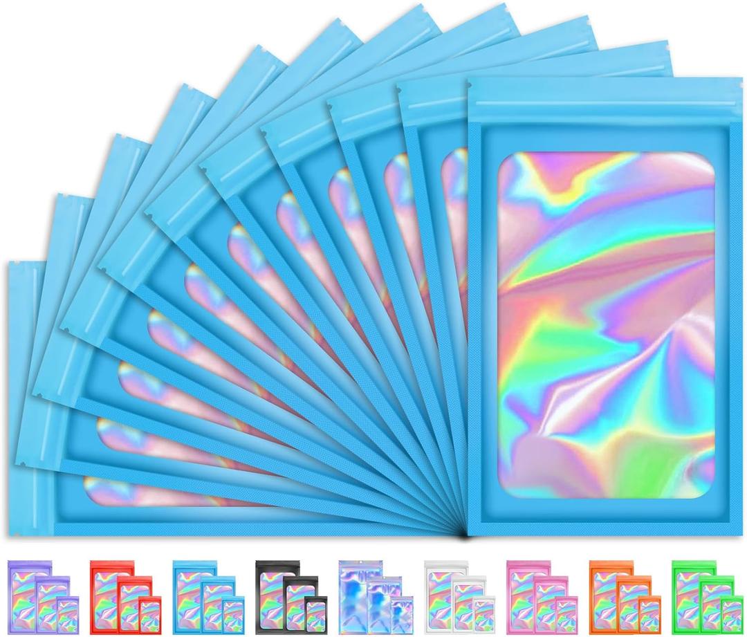 100 PCS Mylar Holographic Bags, Smell Proof Bags, Clear Resealable Bags, Valentines Day Decorations Gift Baggies for Bracelet, Lipgloss, Eyelash, Jewelry Packaging | Blue, 2.4x3.9 Inch