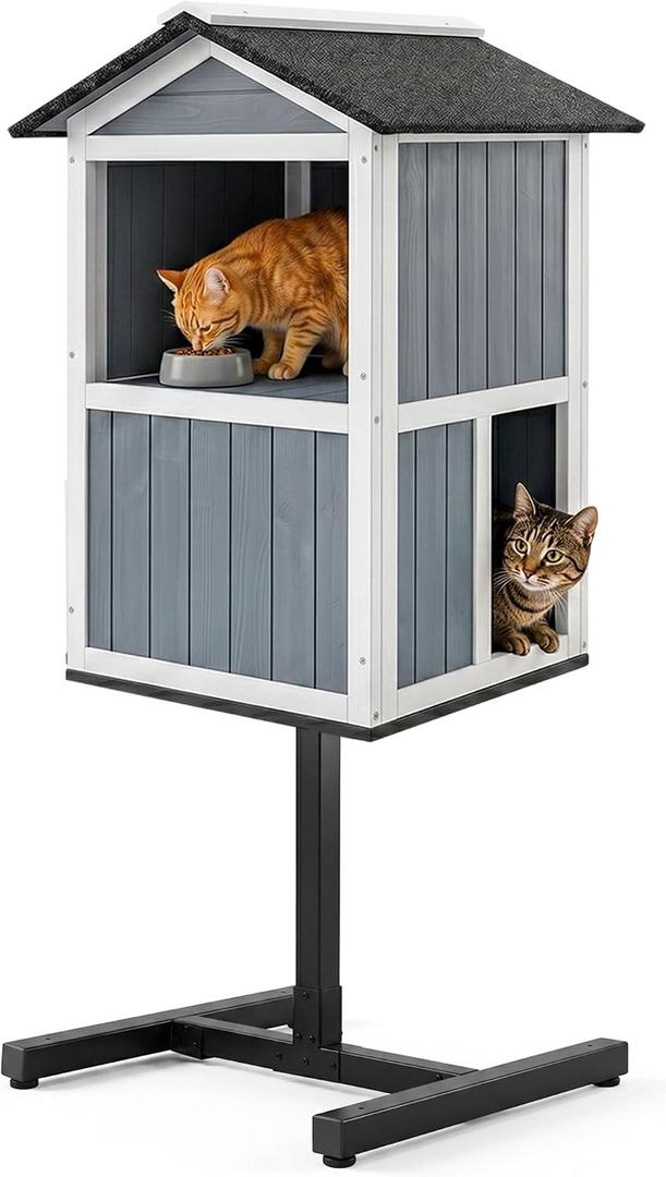 2-Story Outdoor Cat Feeding Station, Elevated Feral Cat House with Roof