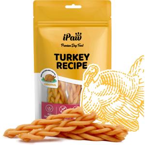 iPaw Turkey Dog Treats, All Natural Human Grade Dog Treat, Suitable for Training chew, US Sourced Raw Material, Hypoallergenic, Rawhide Alternative, Braided Stick. BB: 11/2026
