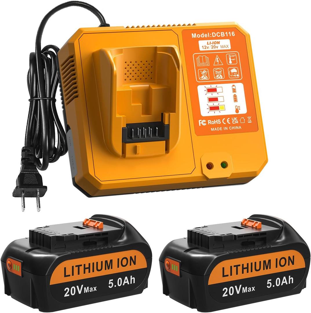 2 Pack5.0Ah Lithium-Ion Battery Replacement for Dewalt 20v Max Batteries DCB116 Fast Charger Combo for Dewalt 20V 60V Max Battery with USB Port & Cordless Power Tools (Yellow)