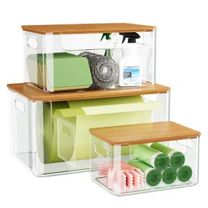 3 Pack Trash Bag Holder Dispenser with Lid, Extra Large Stackable Plastic Garbage Bag Holder Dispenser Under Sink for Kitchen, Pantry, Laundry Room, Cabinet Organizer and Storage