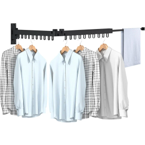 Bakala Clothes Drying Rack Foldable, Laundry Drying Rack Clothing Wall Mounted, Clothing Racks for Hanging Clothes, Heavy-duty Space Saving Hanger, Retractable, Expandable, Collapsible, 64" (Hooks, Black)