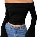 SOLY HUX Women's Long Bell Sleeve Crop Top Off The Shoulder Going Out Tops Sexy Y2K Fitted Tee Shirts (Medium, Pure Black)