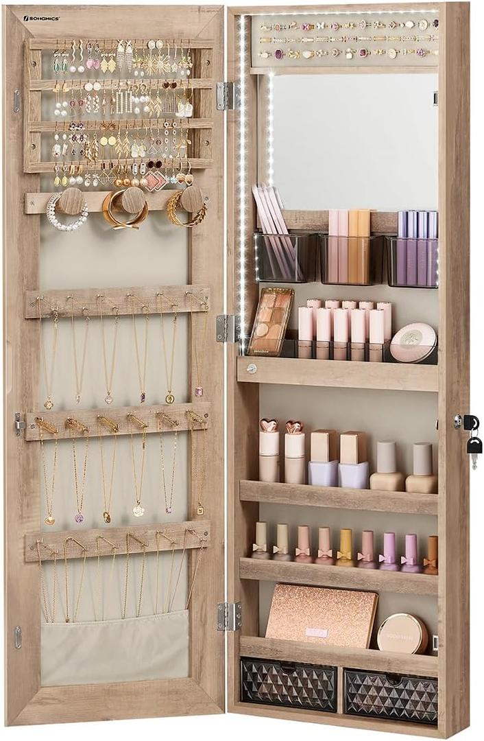 SONGMICS Jewelry Cabinet Armoire Organizer with LED Lights, Wall-Mounted Storage Cabinet with Full-Length Frameless Mirror, Built-in Makeup Mirror, 2 Drawers, Lockable, Christmas Gift, Camel Brown