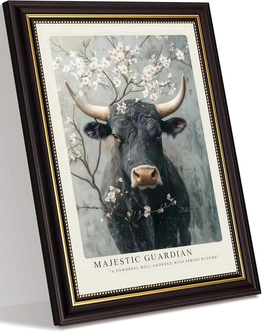 Framed Vintage Farmhouse Cattle Canvas Wall Art Powerful Bull Adorned With Spring Blooms Pictures Wall Decor OAK Wood cow Rustic Farm Animal Poster Print Artwork for Living Room Bedroom Bathroom