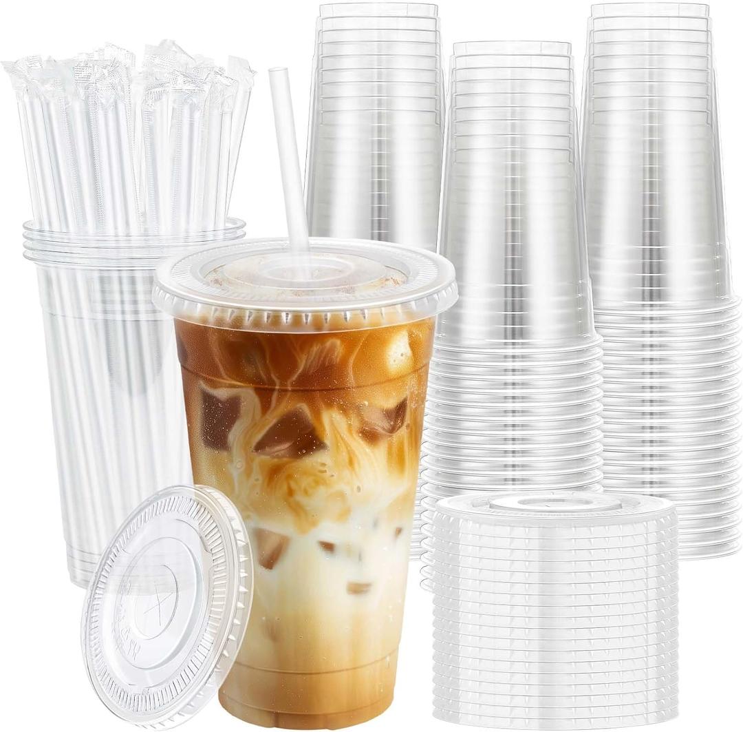 100 Pack 20 oz Plastic Cups with Lids and Straws, Disposable To Go Coffee Cups for Iced Coffee, Cold Drinks, Smoothie and Milkshake