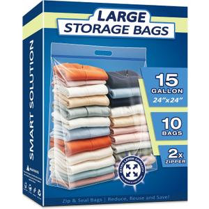 15 Gallon Large Resealable Storage Bags with Zipper Top | 24" x 24" Heavy Duty Clear Bags with Handles, 4 Mil Thick, Perfect for Clothing, Pillows, Travel, and Moving (10 Packs)