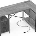 Huuger L Shaped Office Desk with Power Outlets, 47 Inch Computer Desk with 3 Drawers, Shelves, for Gaming, Corner Work, Home Office, Study, Grey