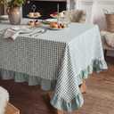 HunnmingRe Sage Green Gingham Plaid Ruffled Tablecloth 84 x 60 Inches 100% Cotton Checkered Rectangle Table Cloth Farmhouse Cottage Vintage Dining Table Cover Decor for Spring Holiday Party