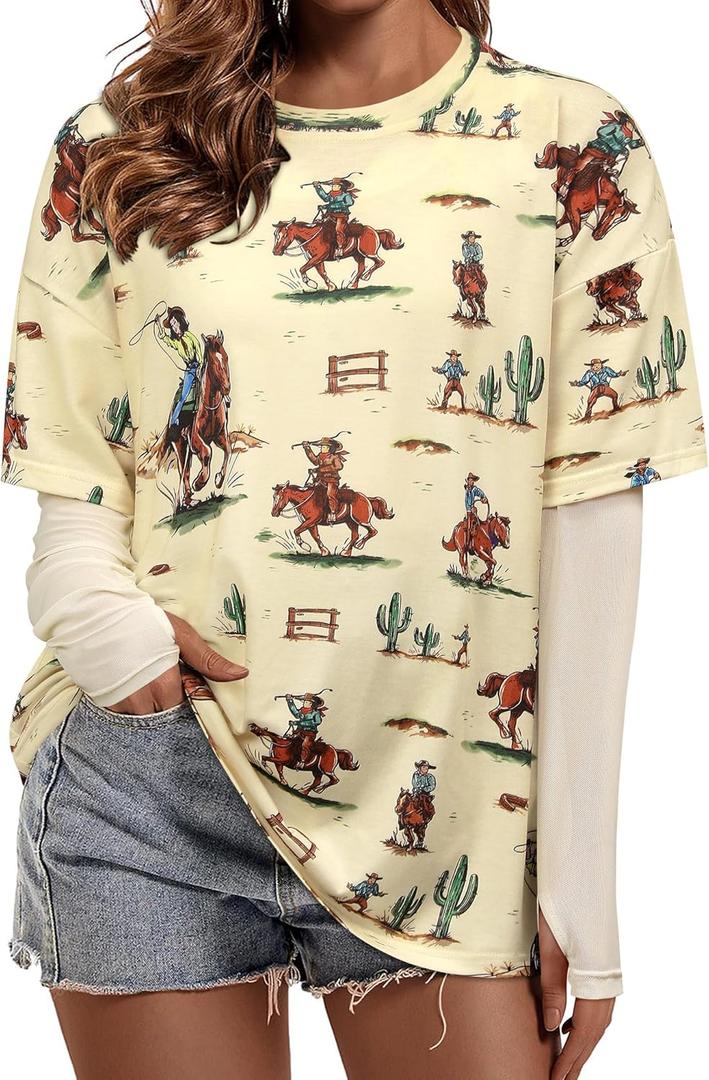 MYMORE Women's Oversized Western Cowgirl Graphic T Shirts 2 in 1 Short Mesh Sleeve Vintaged Rodeo Print Shirt with Thumb Hole (L)