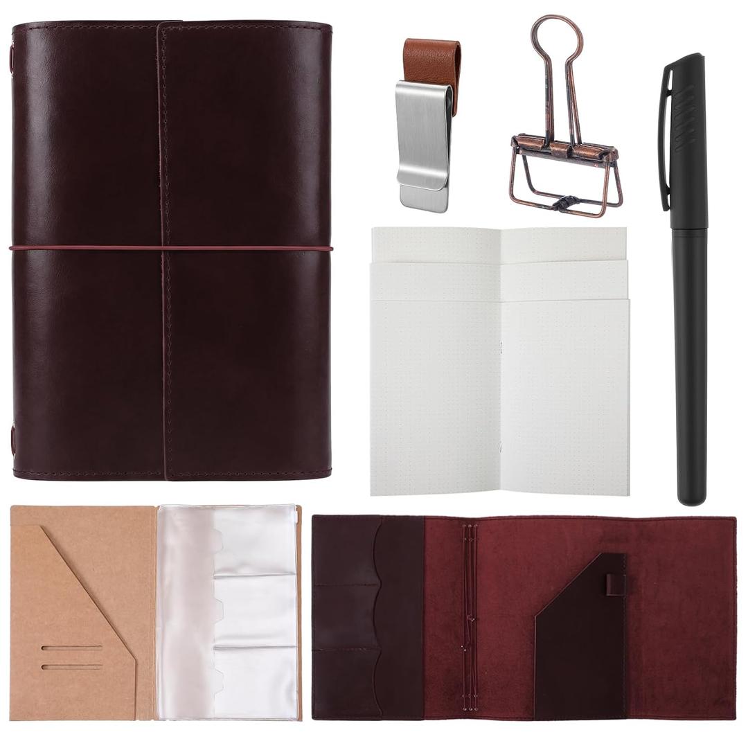 Eaasty Genuine Refillable Leather Notebook Set A5 Travel Diary Journal with Pen Holder Card Slots 3 Refills PVC Pocket Gift for Travel Work Creative Writing Organizer(Reddish Brown)