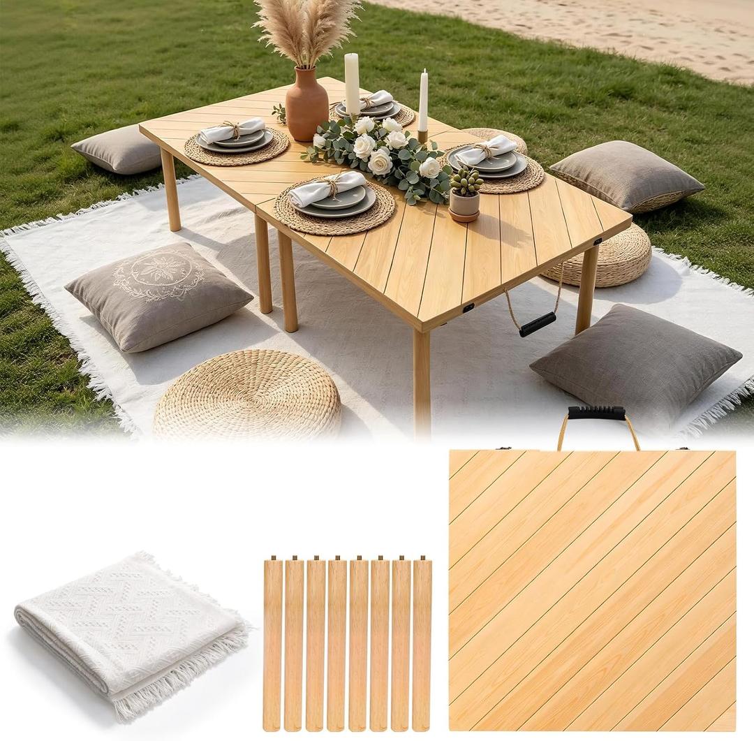 Low Picnic Table Portable, 60" X 30" Boho Picnic Table with Large Picnic Mat for Indoor,Outdoor,Camping, Wedding, Beach, Garden, Party(Large Size for 6-8)