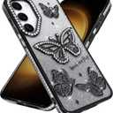 BITOBE Designed for Samsung Galaxy S23, Cute 3D Butterflies Case Slim Plating Glitter Bling Luxury Rhinestone Cover for Women Girls Protective Camera Protection Bumper 6.1" Black