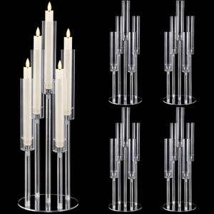 4 Pcs Candelabra Centerpieces for Tables, 5-Arm Crystal Clear Candle Holders with Shades and Round Bases, Pillar Taper Candlesticks for Party, Wedding, Candlelight Dinner, Fit 0.87" LED Candles