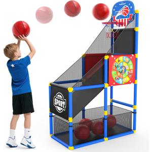 EagleStone 2-in-1 Kids Arcade Basketball Hoop with Dart Board,4 Balls Adjustable Height Basketball Toy Indoor Outdoor Carnival Games Gift for Boys Girls Toddlers Ages 3-8 Years Old,Pump Included
