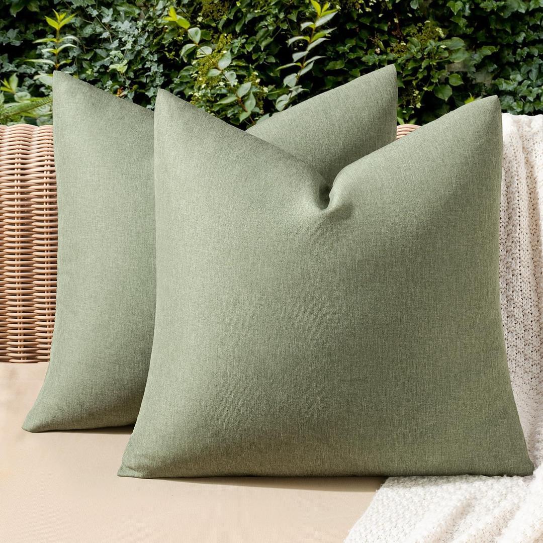 MIULEE Pack of 2 Decorative Outdoor Solid Waterproof Throw Pillow Covers Spring Faux Linen Garden Farmhouse Cushion Cases for Patio Tent Balcony Couch Sofa 20x20 Inch Gray Green