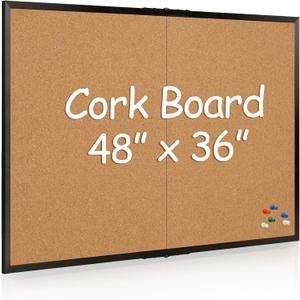 Board2by Cork Board Bulletin Board 36 x 48, Black Wood Framed 4x3 Corkboard, Foldable Office Board for Wall Decor, Large Wall Mounted Notice Pin Board with 36 Push Pins for School, Home & Office, 48" x36"