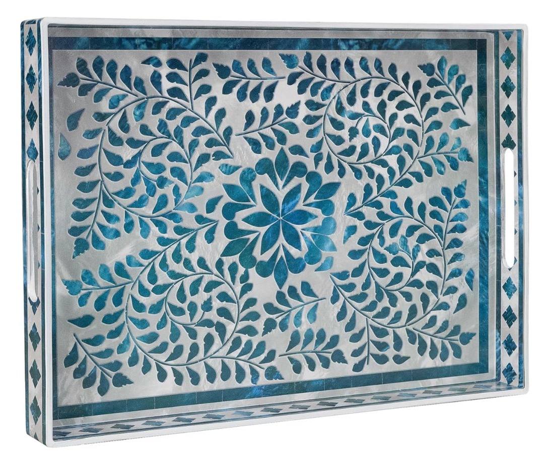 MAONAME Rectangular Decorative Tray, Plastic Serving Tray with Handles, Modern Blue Trays for Ottoman, Coffee Table Trays for Living Room, Home Decor, 15.7" x 11.8" x 1.6"