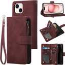 RANYOK Wallet Case for iPhone 15 (6.1 inch) with RFID Blocking Credit Card Holder, Premium PU Leather [Zipper Pocket] Flip Folio Case Wallet with Wrist Strap Kickstand Protective (B Red)