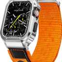 SUPLINK Stainless Steel Case&Nylon Band Compatible with Apple Watch Band 38mm 40mm 41mm 42mm 44mm 45mm 46mm 49mm,Rugged Metal Cover Adjustable Strap for iWatch Series 10 9 8 7 6 5 4 3 2 1 SE Ultra Men (Orange)