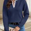 V Neck Sweaters for Women, Long Sleeve Lace Trim Knit Sweater Fall Casual Lightweight Pullover Top Navyblue