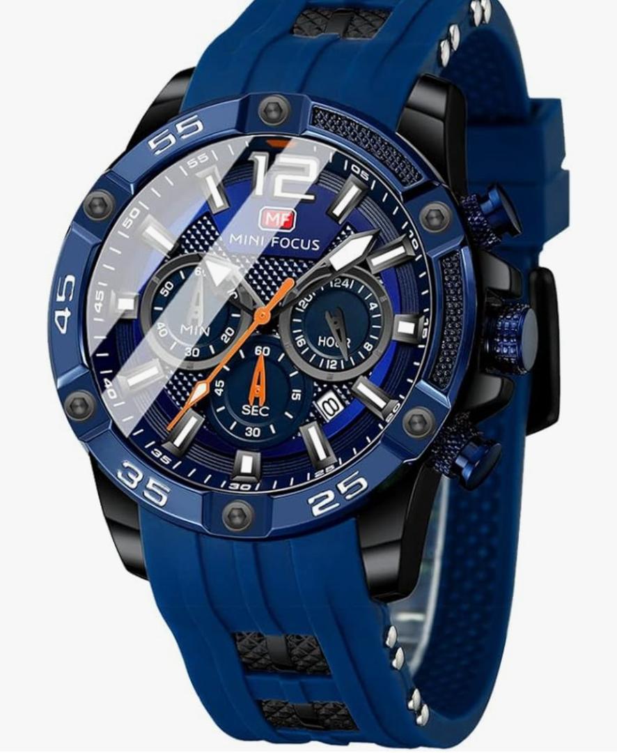 MF MINI FOCUS Men Watch, Chronograph Waterproof Sport Analog Quartz Watches Blue Silicon Strap Fashion Wristwatch for Men