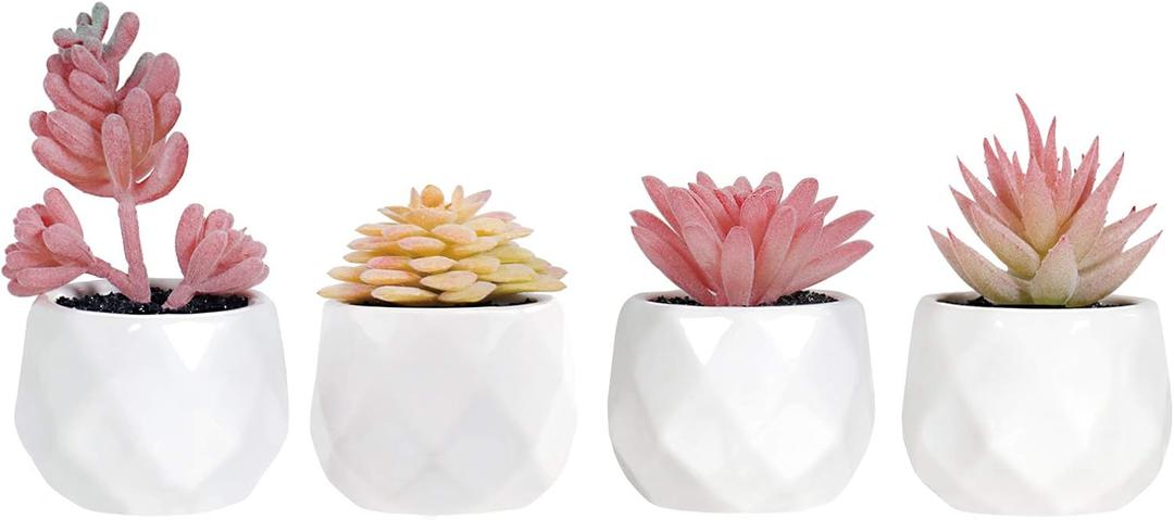 Tiita Artificial Faux Succulents in Pots, Pink Fake Plants Ceramic Arrangement Planter for Women Desk Small Mini Tiny Decoration for Home Office Desk Window 4 Set, Pink