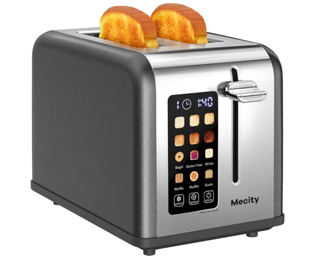 Mecity 2 Slice Touch Screen Toaster, 1.5" Wide Slot, Stainless Steel Smart Toaster for Bagels, Muffins, Waffles, Gluten-Free Breads, Defrost, Reheat, Timer, 120V 825W, Grey Pearl