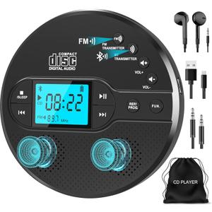 Sunoony Portable CD Player with Bluetooth, Walkman CD Player with FM Transmitter and Speakers for Car, Rechargeable Discman with Anti-Skip Protection, Headphones, LCD Display (Black)