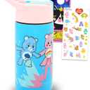 Care Bears Stainless Steel Water Bottle for Girls - Bundle with 14 Oz Drinking Cup For Home, School, and Sports, Plus Stickers, More Water Bottle with Straw