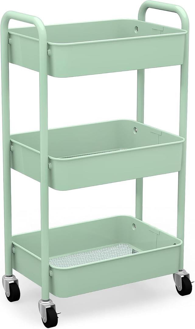 CAXXA 3-Tier Rolling Metal Storage Organizer - Mobile Utility Cart, Kitchen Cart with Caster Wheels (Aqua Green)