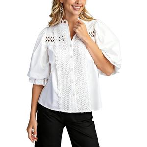 Esmeling Women Lace Embroidered Eyelet Top Mock Neck Puff Ruffle Sleeve Shirt Hollow Out Button Down Blouse (White, L)