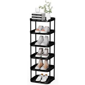 6 Tier Vertical Narrow Shoe Rack, Stackable Tall Skinny Shoerack, Compact Single Shoes Storage Tower for Slim Space, Corner Plastic Shelves, for Hallways, Entryway, Bedrooms Organizer, Black