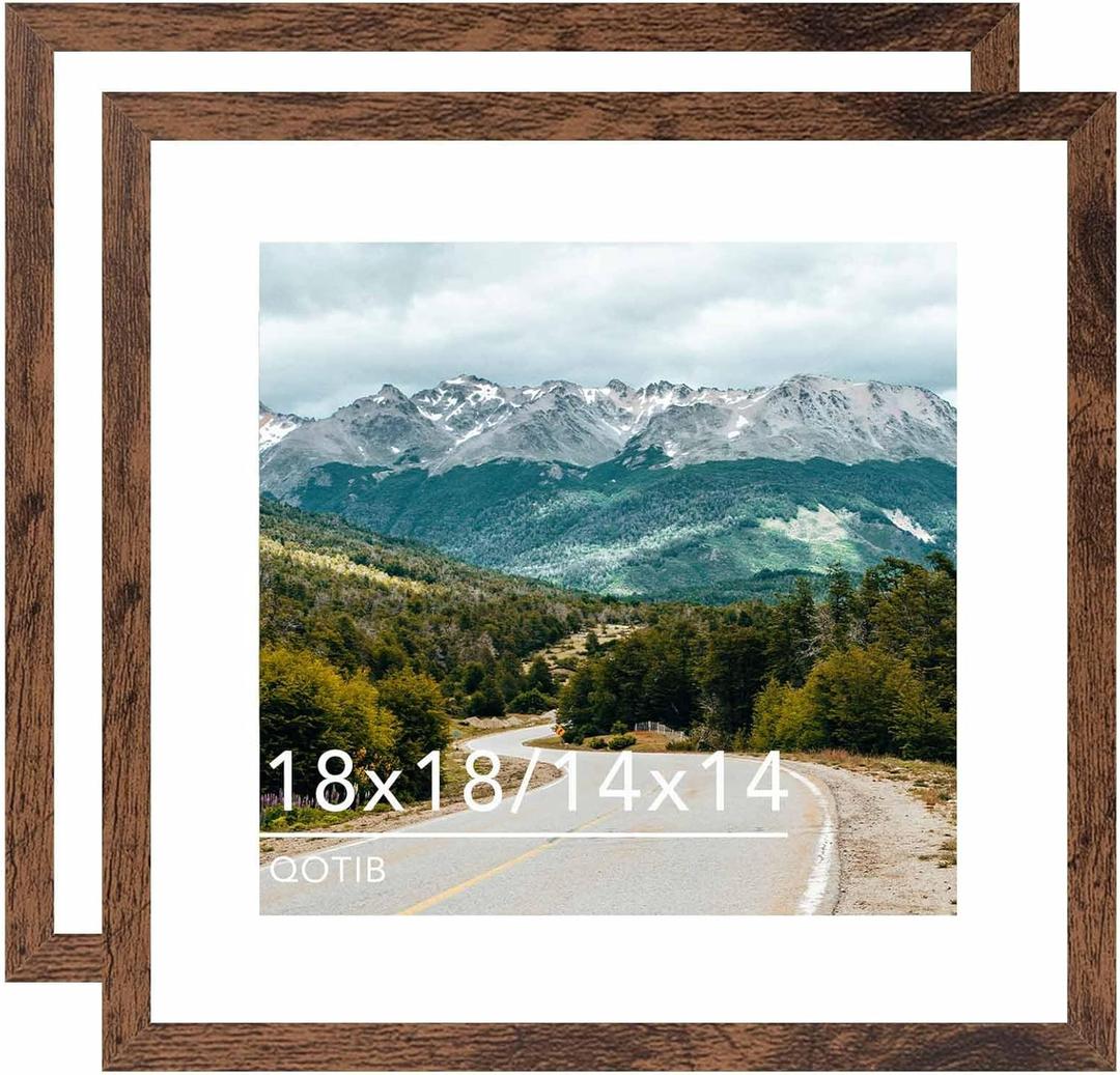 Wood 18x18 Picture Frame with 14x14 Mat Deep Brown, Display 14x14 with Mat or 18x18 without Mat, Wood 18 by 18 Photo Frame, 18 x 18 Frame for Wall Hanging Display, Deep Brown, 2 Pack