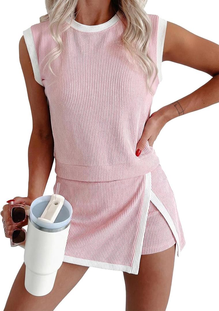 EVALESS 2 Piece Sets for Women Summer Outfits Ribbed Knit Tank Top and Split Lined Skirt Two Pieces Lounge Matching Set (X-Large, Pink)