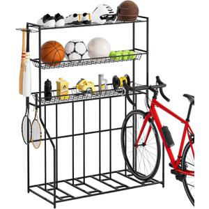 4 Bike Stand, Bike Rack Garage with 3-Tier Storage Rack, Bicycle Stand for Garage Organizer, Indoor Sporting Gear Storage Station for Mountain/Road/Hybrid & Fat Tire Bike, Patent Pending