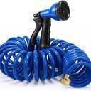 Therwen 25 ft Heavy Duty EVA Recoil Garden Hose Curly Water Hose with 8 Pattern Spray Nozzle and Brass Connectors for Garden Watering Cars Washing(Blue)