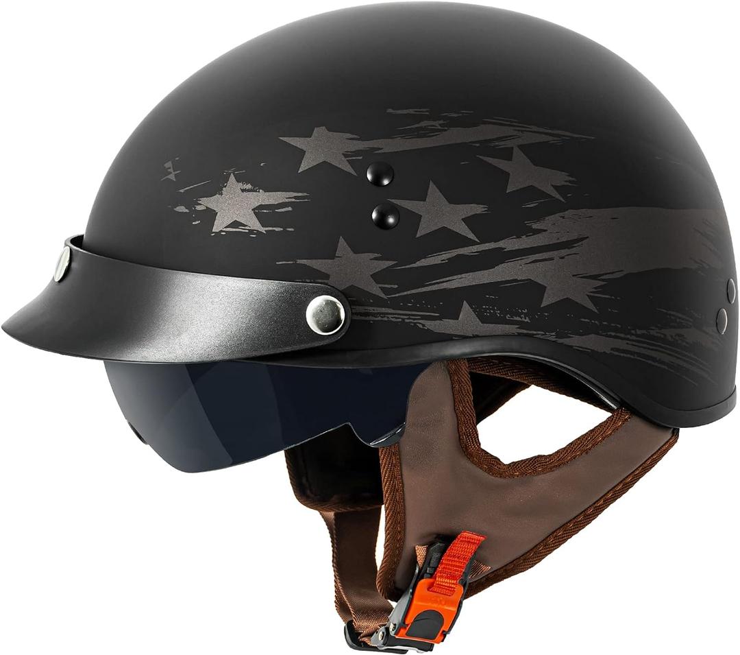 VCAN Cruiser Half Face Motorcycle Helmet with Drop-Down Sun Visor, Removable Peak and Quick Release Buckle (Large, Flat Black Star Trail) VCAN Cruiser Half Face Motorcycle Helmet with Drop-Down Sun Visor, Removable Peak and Quick Release Buckle (Large, Flat Black Star Trail)