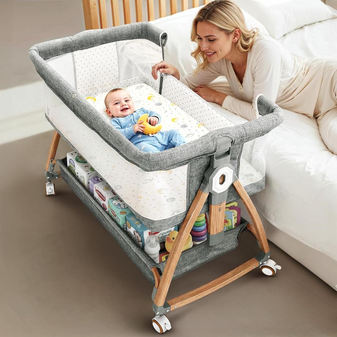 Earth&ME Baby Bassinet Bedside Sleeper with Rocking - All Mesh Portable Bedside Crib for Safe Co-Sleeping, Storage Basket and Wheels, Adjustable Height, Includes Travel Bag, Mosquito Net (Grey)