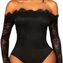 WDIRARA Women's Off Shoulder Floral Lace Bodysuit Mesh Long Sleeve Leotard Top Large