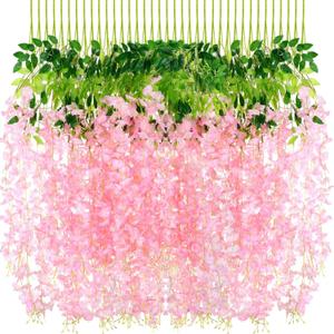 108 Pack 43.2 in/ 3.6 ft Artificial Fake Wisteria Hanging Flowers Wisteria Faux Flowers Garland Silk Vine Rattan Long Hanging Flowers String for Home Outdoor Wedding Party(Petal Pink)