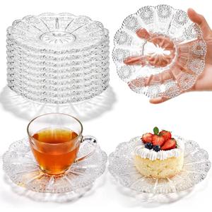 ZEAYEA 10 Pack 5.5 Inch Clear Glass Plates, Small Decorative Dessert Plates for Salad, Fruit, Cake, Snack, Appetizer, Small Meals, Sunflower Pattern Glass Tea Saucer for Teacup