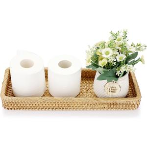 Sumnacon 16 Inch Rattan Bathroom Vanity Tray - Decorative Wicker Toilet Tank Tray for Paper Hand Towel, Vintage Storage Basket Bin for Bathroom Kitchen Toilet Tank Vanity Countertop Table Shelf (Yellow)