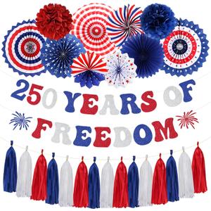 Roetyce 250th Anniversary American Decorations, Red White and Blue Glitter 250 Years of Freedom Banner Photo Backdrop Background, USA Patriotic 4th of July Independence Day Party Supplies