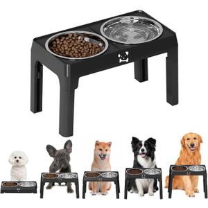 Elevated Dog Bowls Large Breed Raised Dogs Bowl Stand Large/Medium Sized Dog Stainless Steel Food Water Bowl Stands 5 Heights Adjustable 9/11/12/14in Black Pet Feeder Dish Station