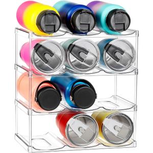 LARGER Compartment - Stackable Water Bottle Organizer Holder - for Stanley & Others' Large Tumbler - Clear Wine Rack, Cup Bottle Holder for Cabinet Home Countertop Fridge Pantry Shelf, 4 Tier Hold 12